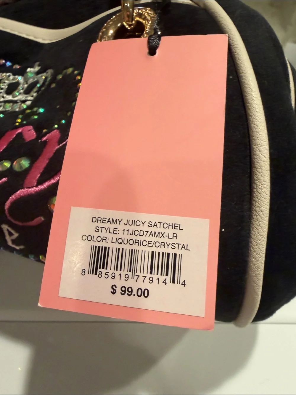 Juicy Couture NWT Classic Juicy Black Velour & Cream Satchel with Pink Logo P239